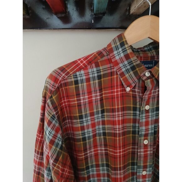 Ralph Lauren Cotton Button Down Shirt Size Large Red Green Plaid Holiday Work - Picture 3 of 8